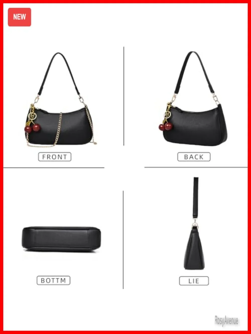 Faux Leather Cherry Clutch Purse with Keychain Chain Strap Hobo Shoulder Bag